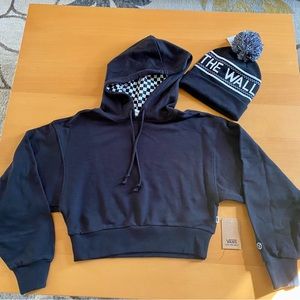 Vans black checkered hooded cropped sweatshirt Size S and Vans pom beanie OS